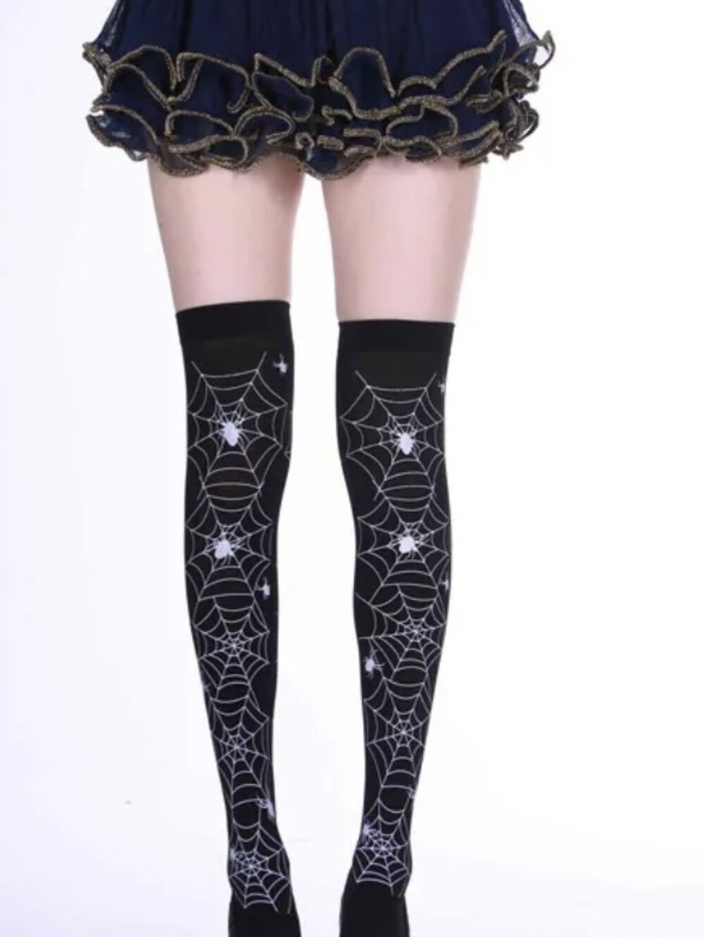 Black With White Spider & Webs Thigh-High Socks